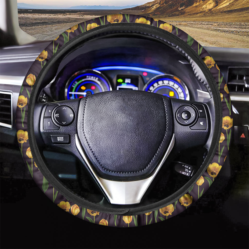 Yellow Tulip Flower Pattern Print Car Steering Wheel Cover