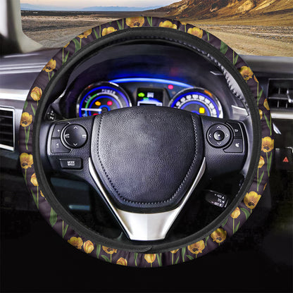 Yellow Tulip Flower Pattern Print Car Steering Wheel Cover