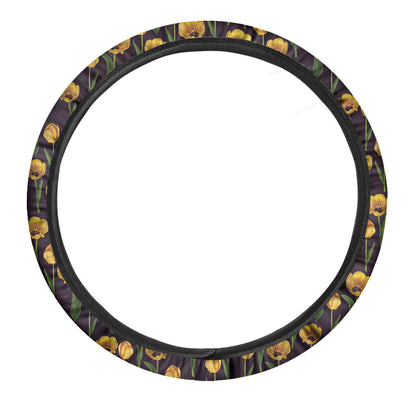 Yellow Tulip Flower Pattern Print Car Steering Wheel Cover