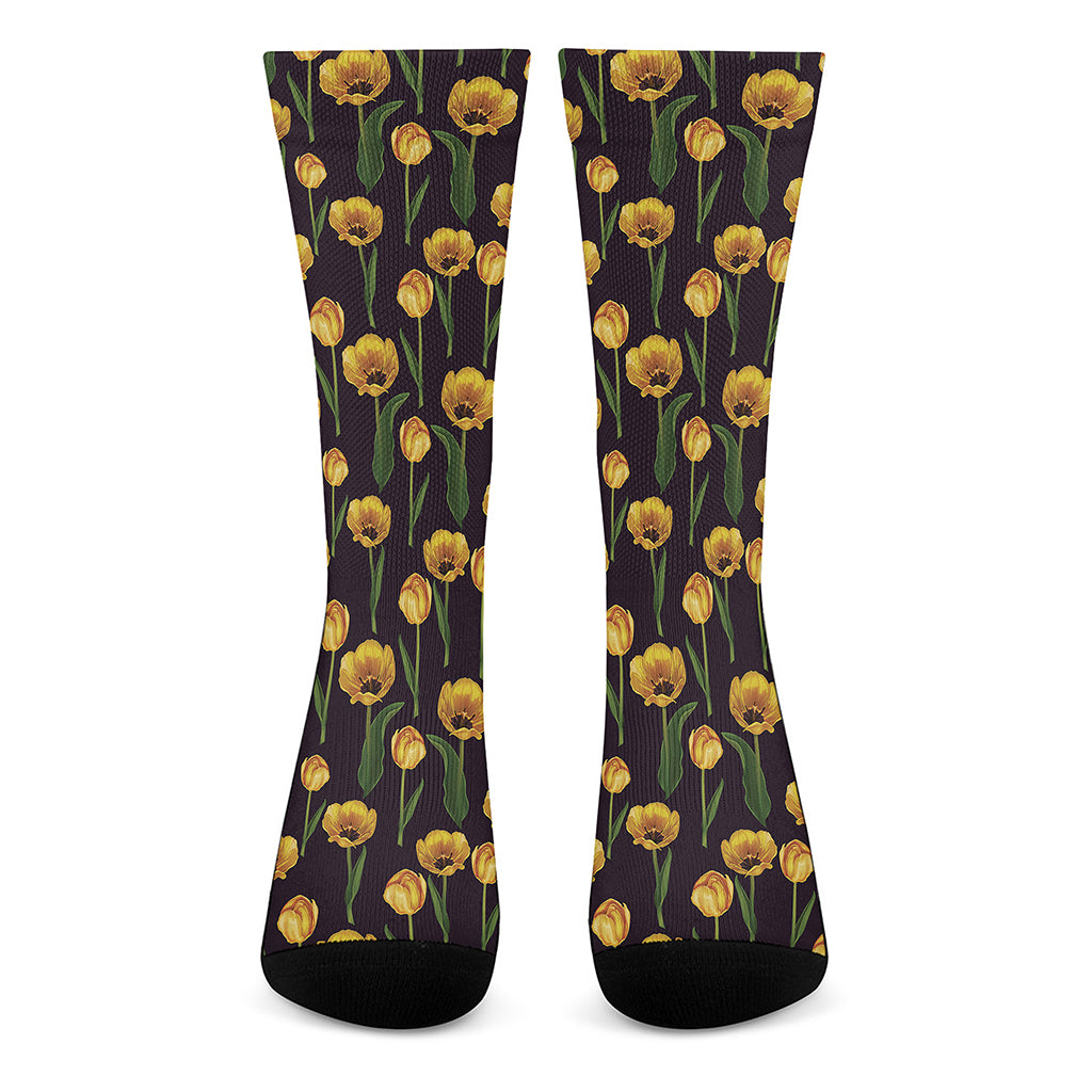 Yellow Tulip Flower Pattern Print Crew Socks