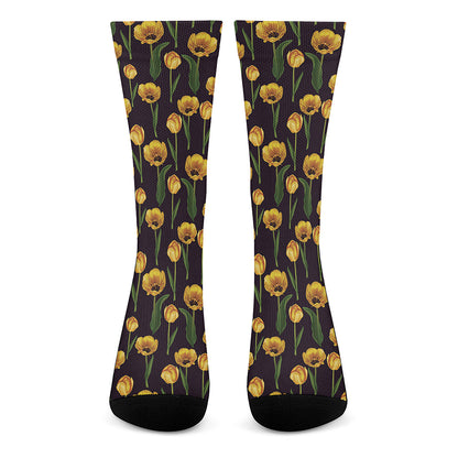 Yellow Tulip Flower Pattern Print Crew Socks