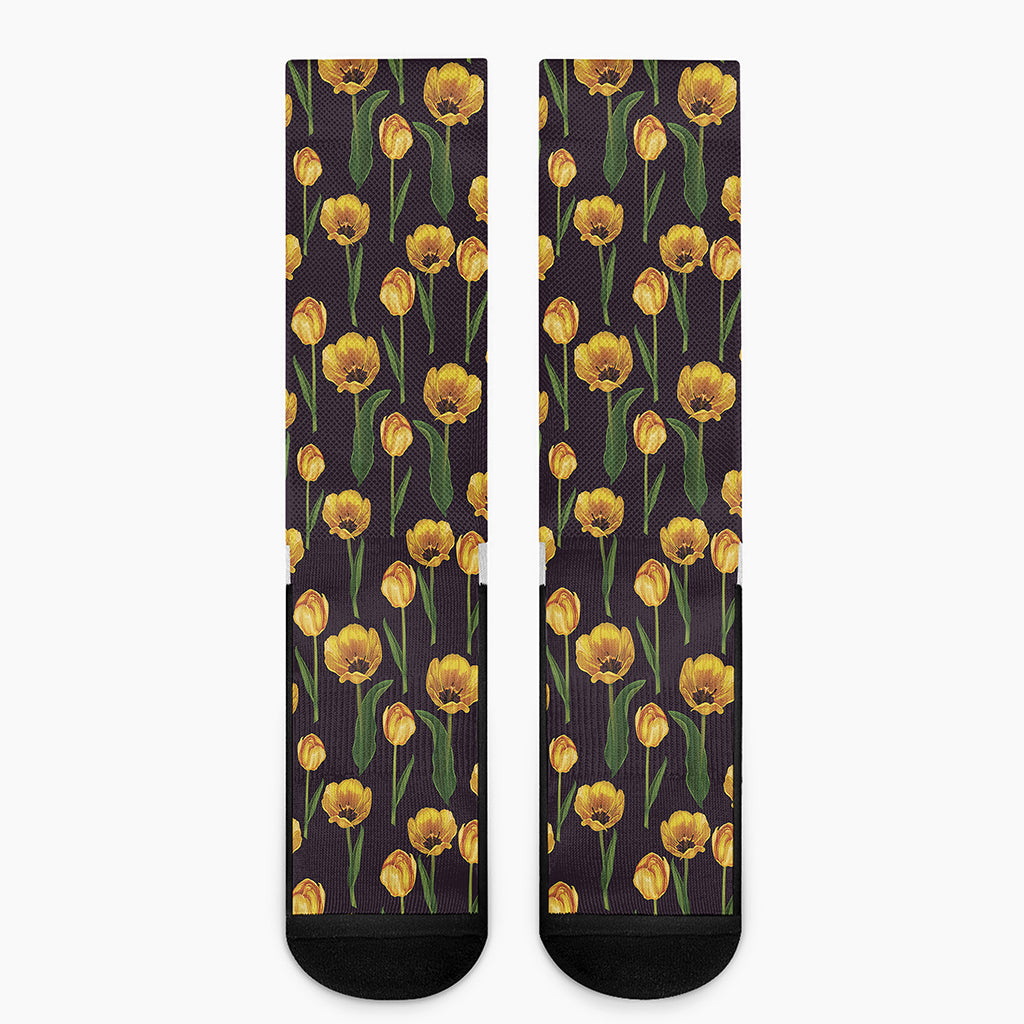 Yellow Tulip Flower Pattern Print Crew Socks