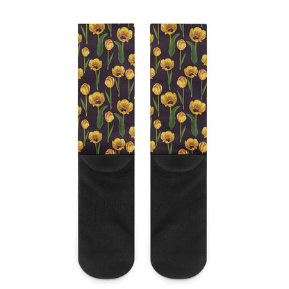 Yellow Tulip Flower Pattern Print Crew Socks