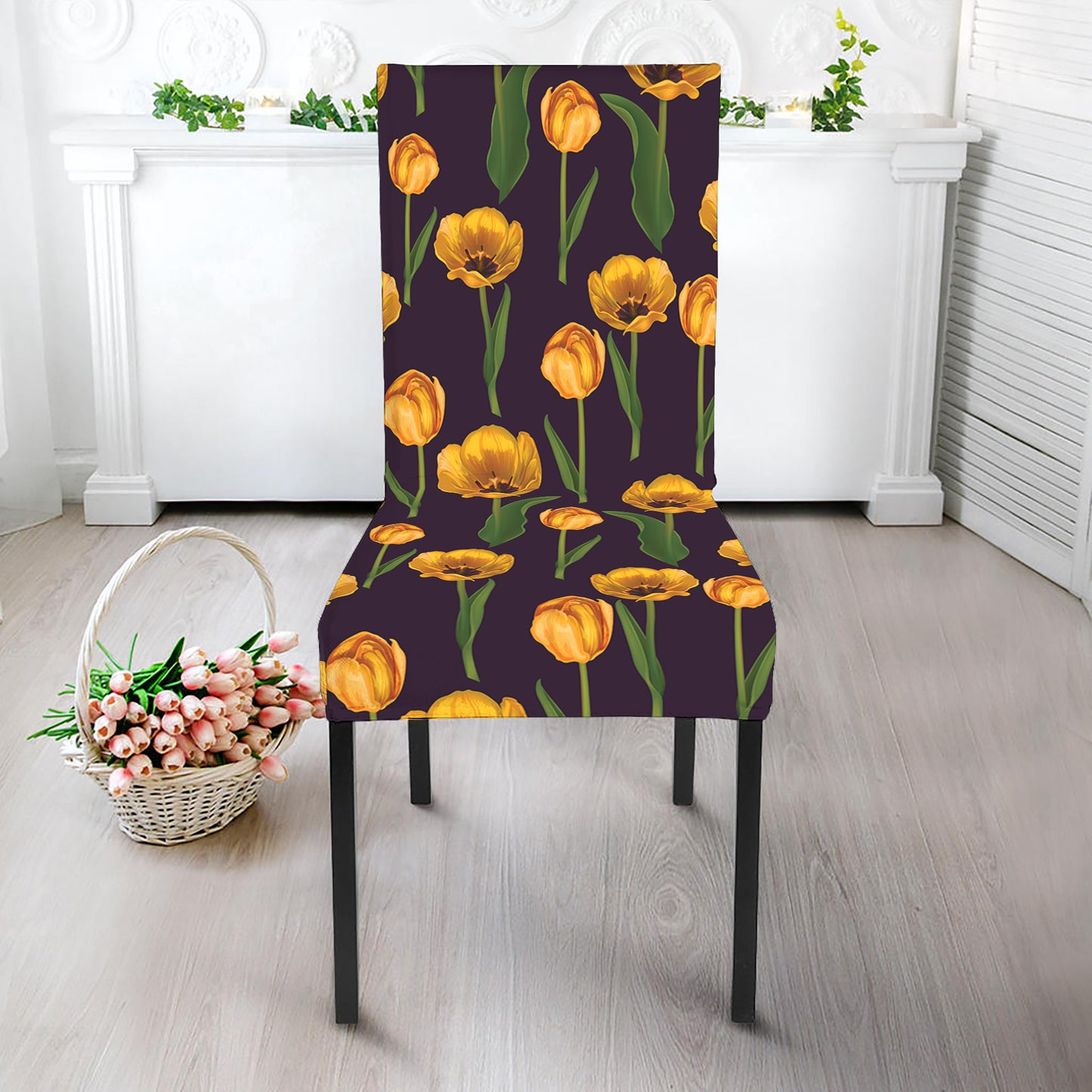 Yellow Tulip Flower Pattern Print Dining Chair Slipcover