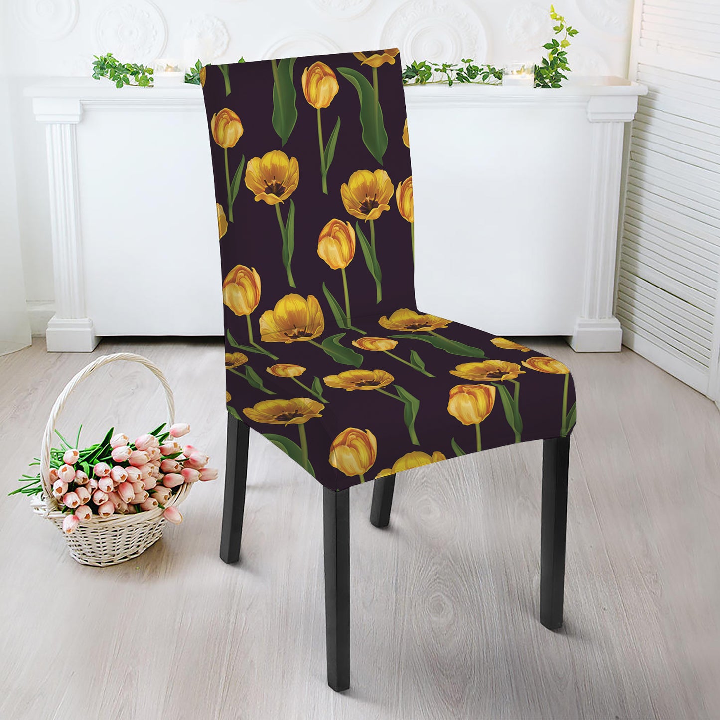 Yellow Tulip Flower Pattern Print Dining Chair Slipcover