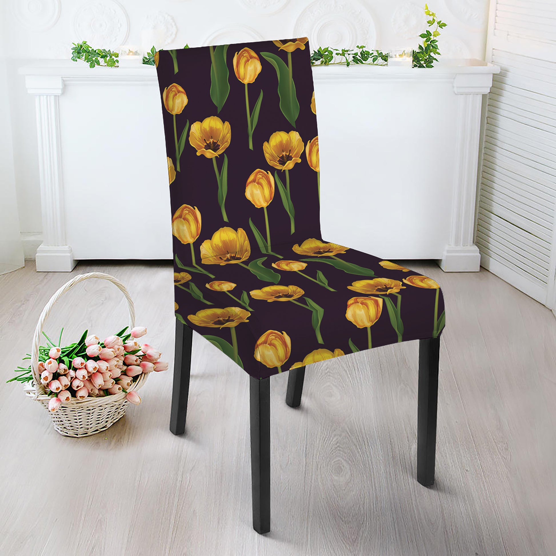 Yellow Tulip Flower Pattern Print Dining Chair Slipcover