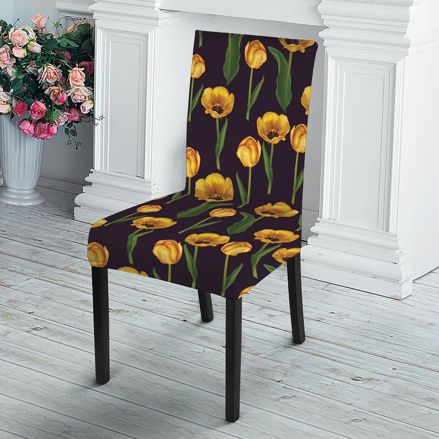Yellow Tulip Flower Pattern Print Dining Chair Slipcover