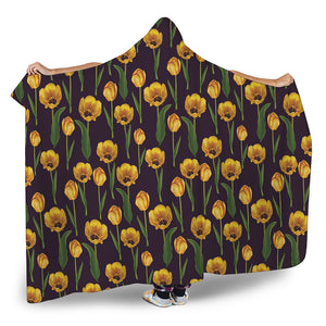 Yellow Tulip Flower Pattern Print Hooded Blanket
