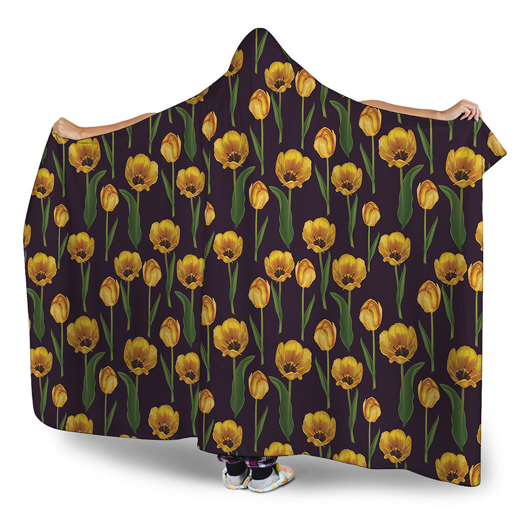 Yellow Tulip Flower Pattern Print Hooded Blanket