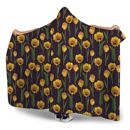 Yellow Tulip Flower Pattern Print Hooded Blanket