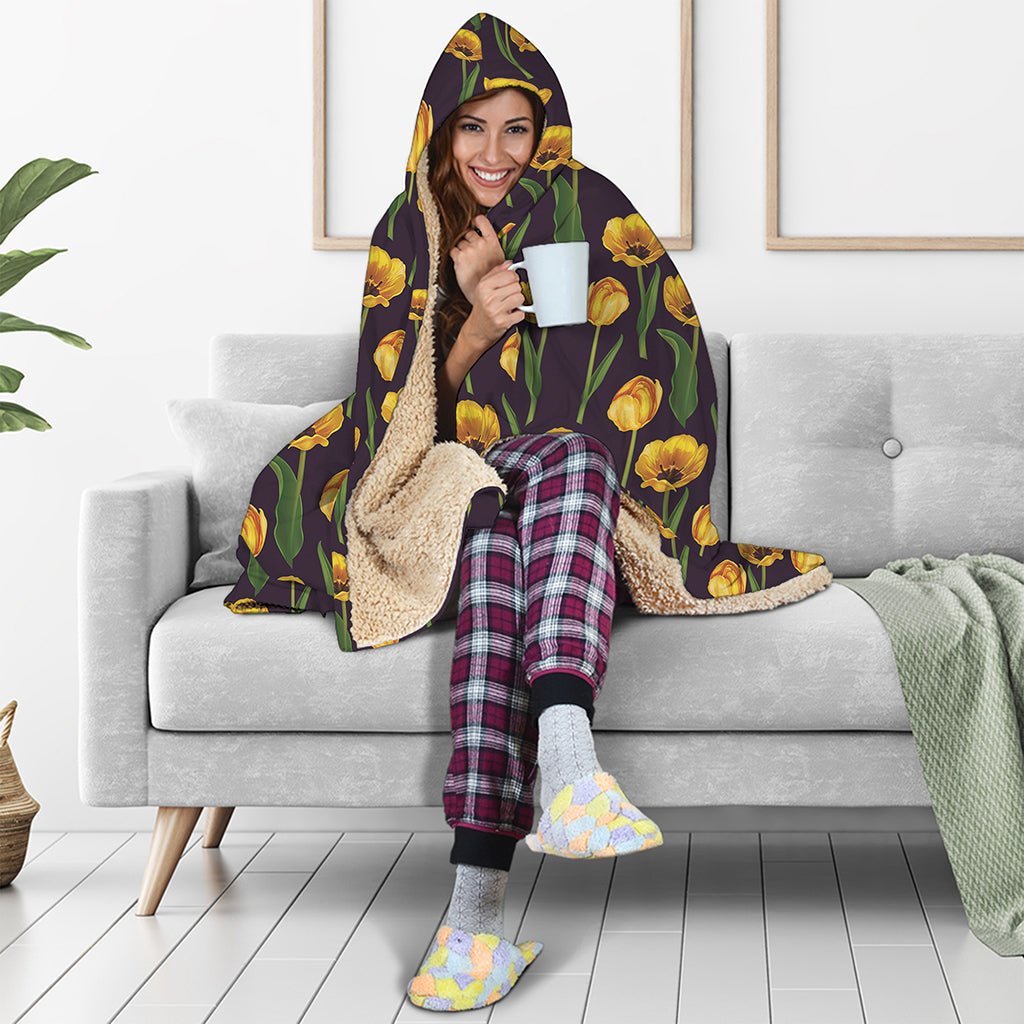 Yellow Tulip Flower Pattern Print Hooded Blanket