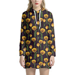 Yellow Tulip Flower Pattern Print Hoodie Dress