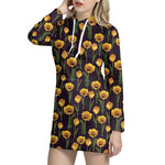 Yellow Tulip Flower Pattern Print Hoodie Dress