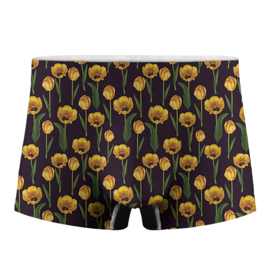 Yellow Tulip Flower Pattern Print Men's Boxer Briefs