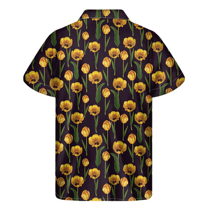 Yellow Tulip Flower Pattern Print Men's Short Sleeve Shirt
