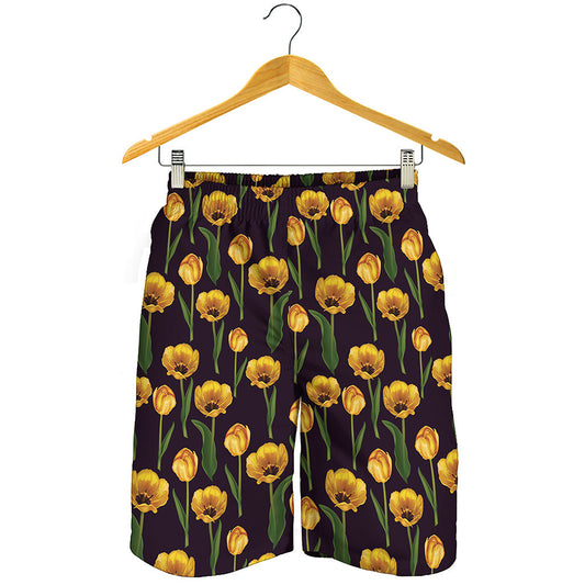 Yellow Tulip Flower Pattern Print Men's Shorts