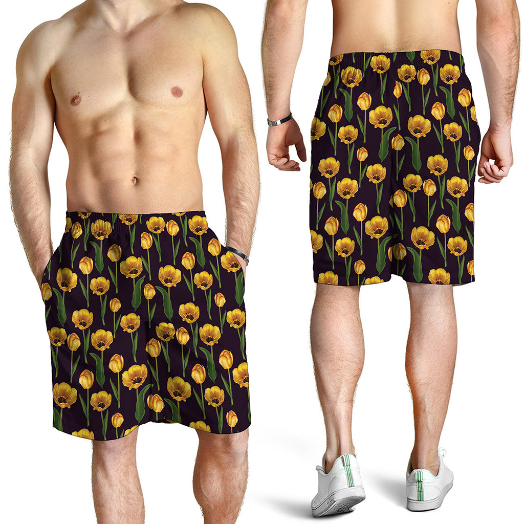 Yellow Tulip Flower Pattern Print Men's Shorts
