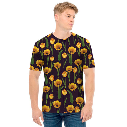 Yellow Tulip Flower Pattern Print Men's T-Shirt