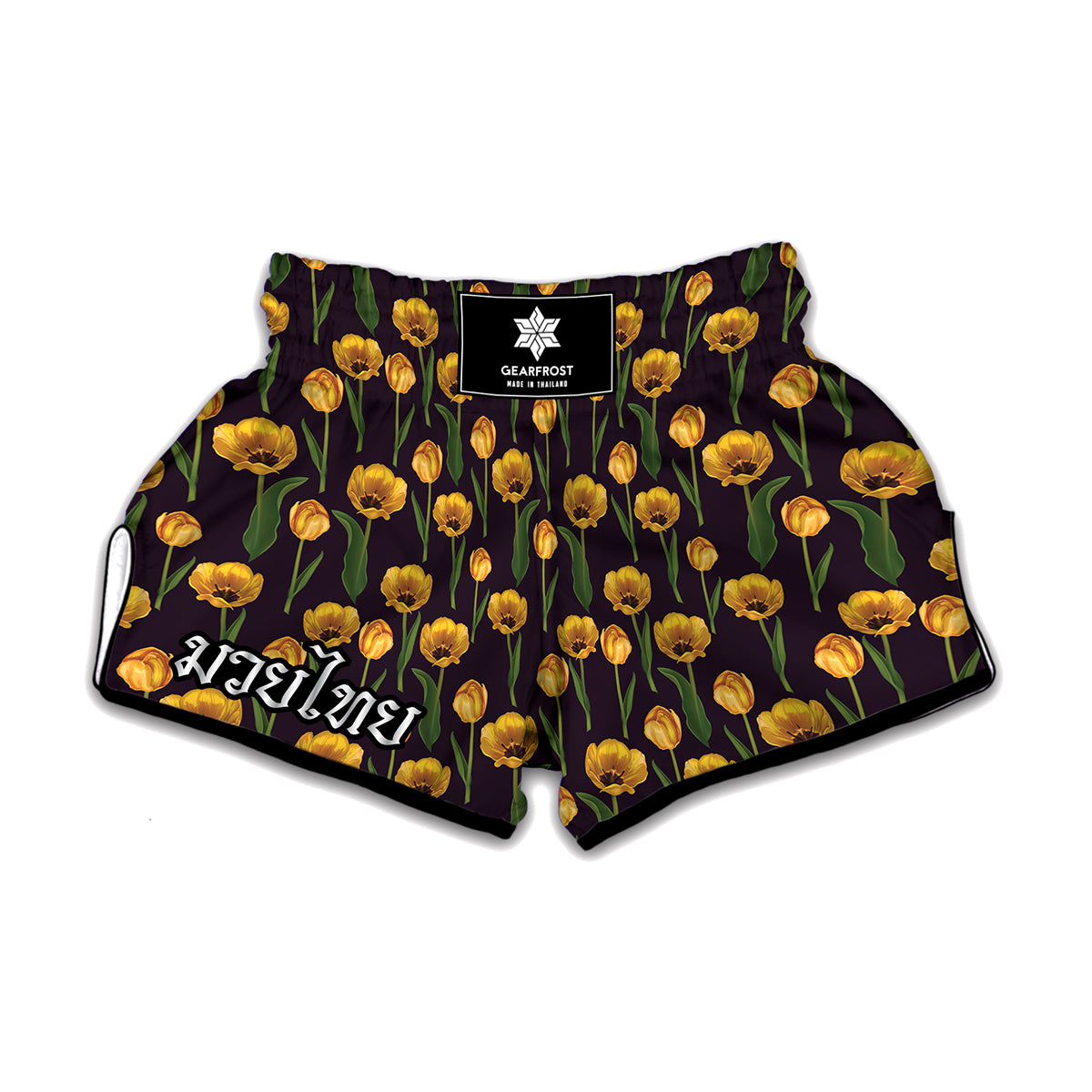 Yellow Tulip Flower Pattern Print Muay Thai Boxing Shorts