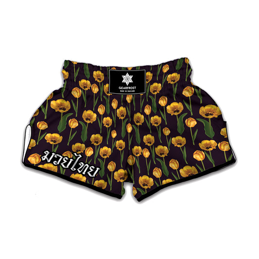 Yellow Tulip Flower Pattern Print Muay Thai Boxing Shorts