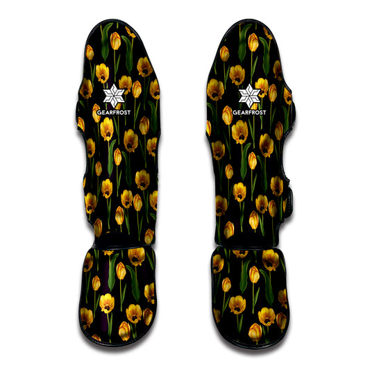 Yellow Tulip Flower Pattern Print Muay Thai Shin Guard