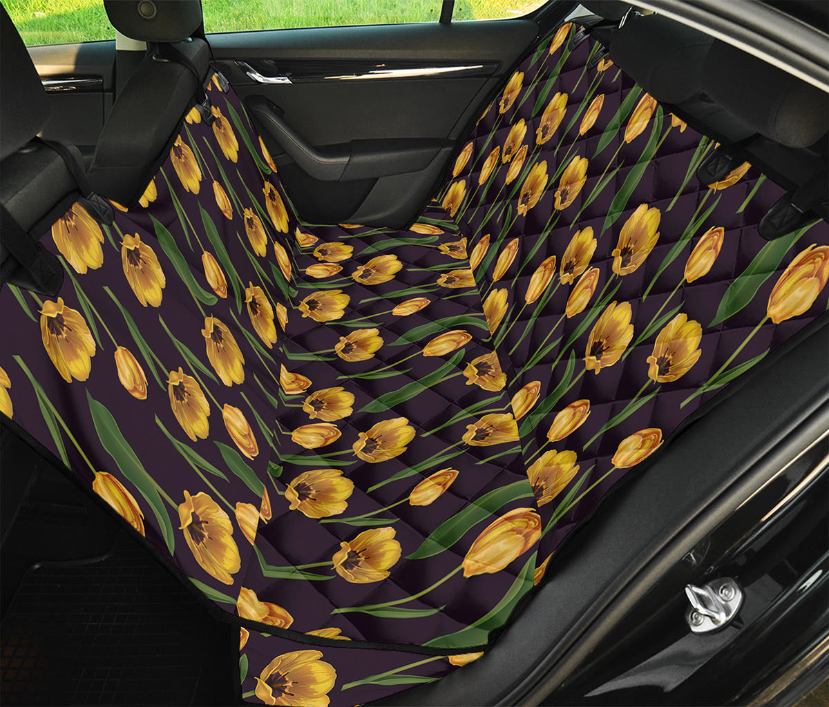 Yellow Tulip Flower Pattern Print Pet Car Back Seat Cover