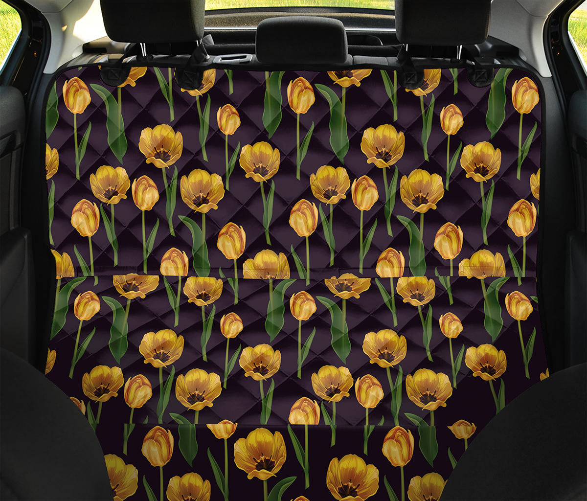 Yellow Tulip Flower Pattern Print Pet Car Back Seat Cover