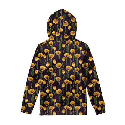 Yellow Tulip Flower Pattern Print Pullover Hoodie