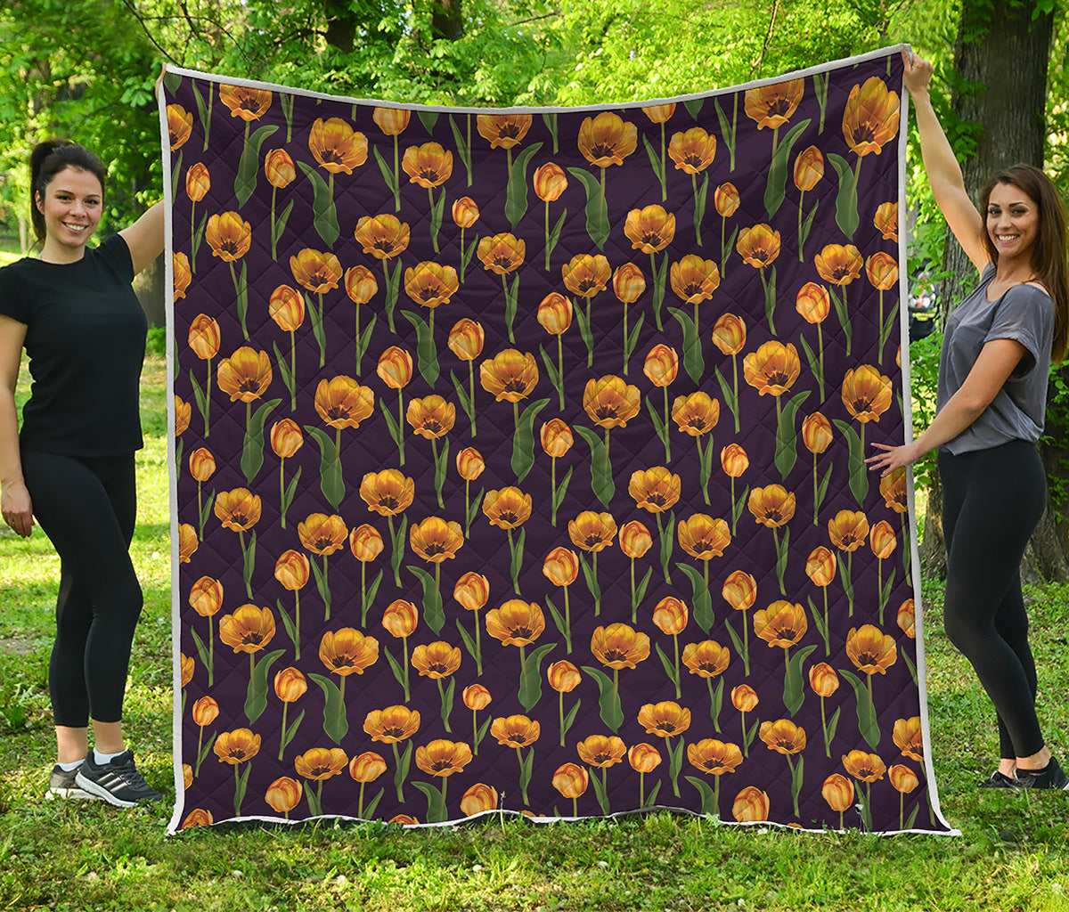 Yellow Tulip Flower Pattern Print Quilt
