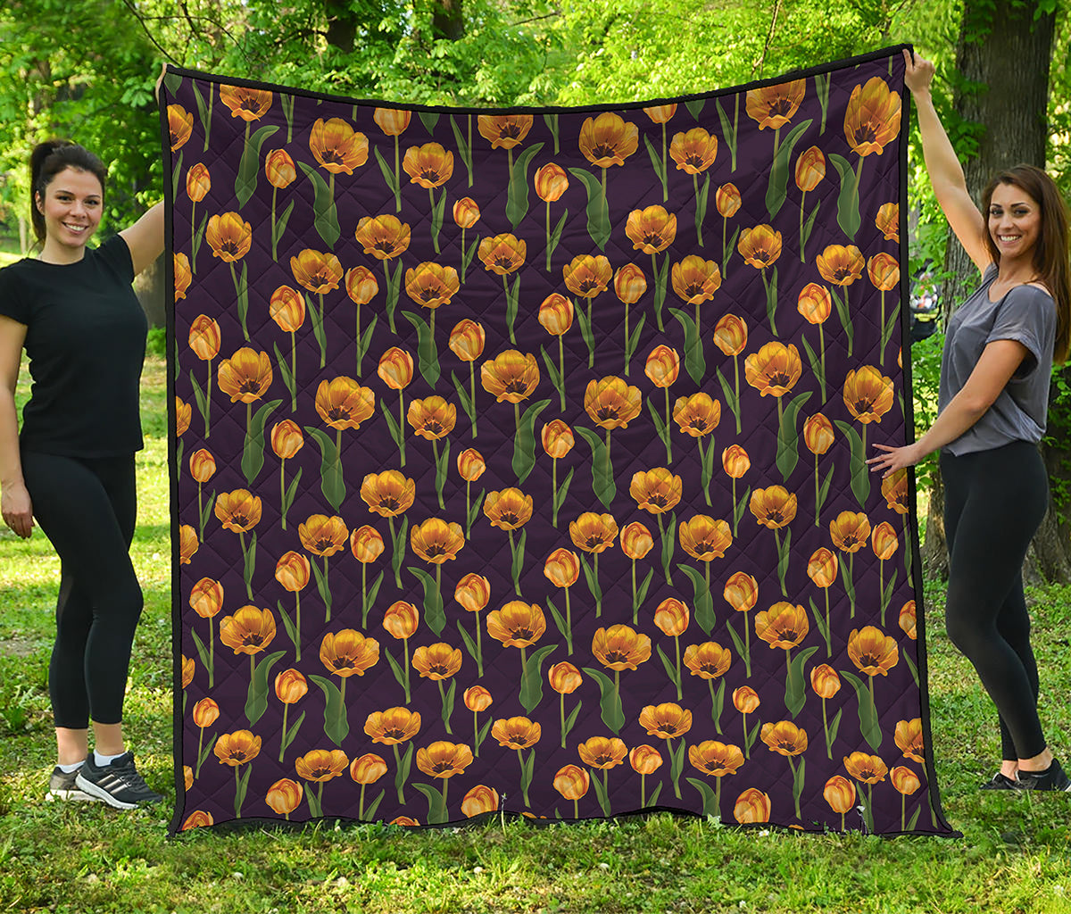 Yellow Tulip Flower Pattern Print Quilt