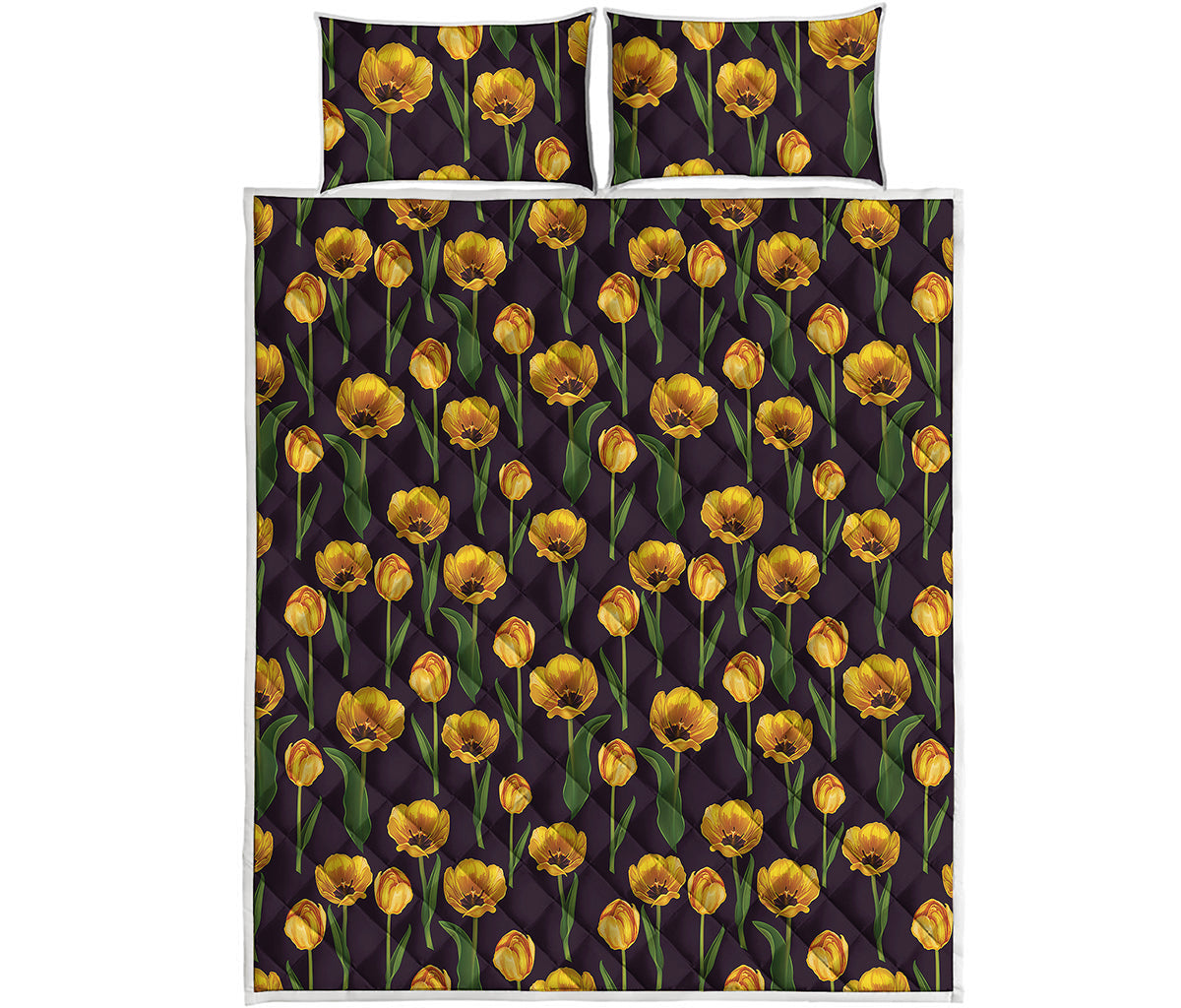 Yellow Tulip Flower Pattern Print Quilt Bed Set