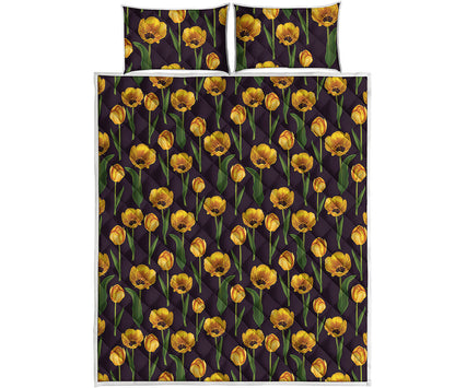 Yellow Tulip Flower Pattern Print Quilt Bed Set