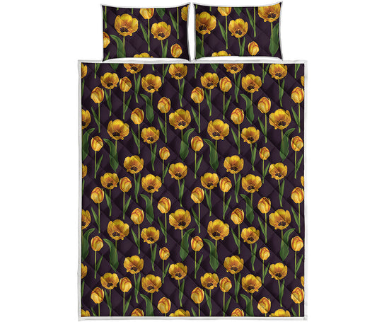 Yellow Tulip Flower Pattern Print Quilt Bed Set