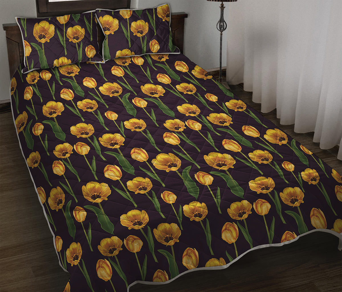 Yellow Tulip Flower Pattern Print Quilt Bed Set