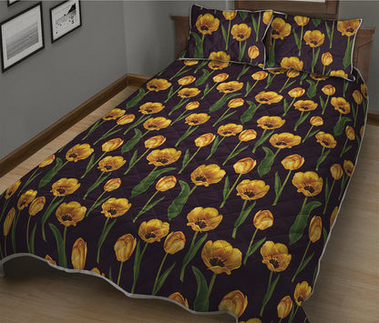 Yellow Tulip Flower Pattern Print Quilt Bed Set