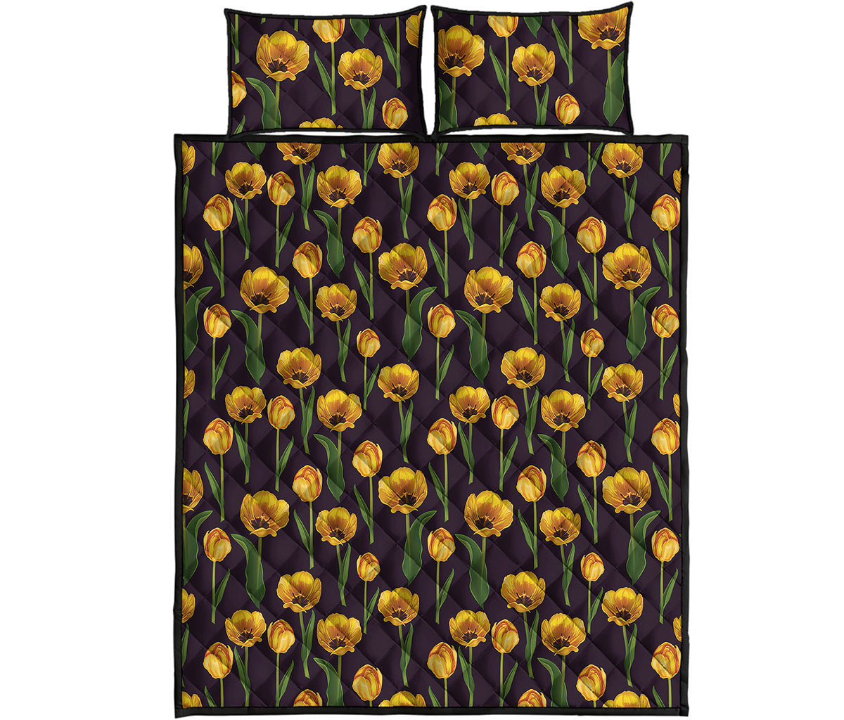 Yellow Tulip Flower Pattern Print Quilt Bed Set