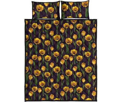 Yellow Tulip Flower Pattern Print Quilt Bed Set