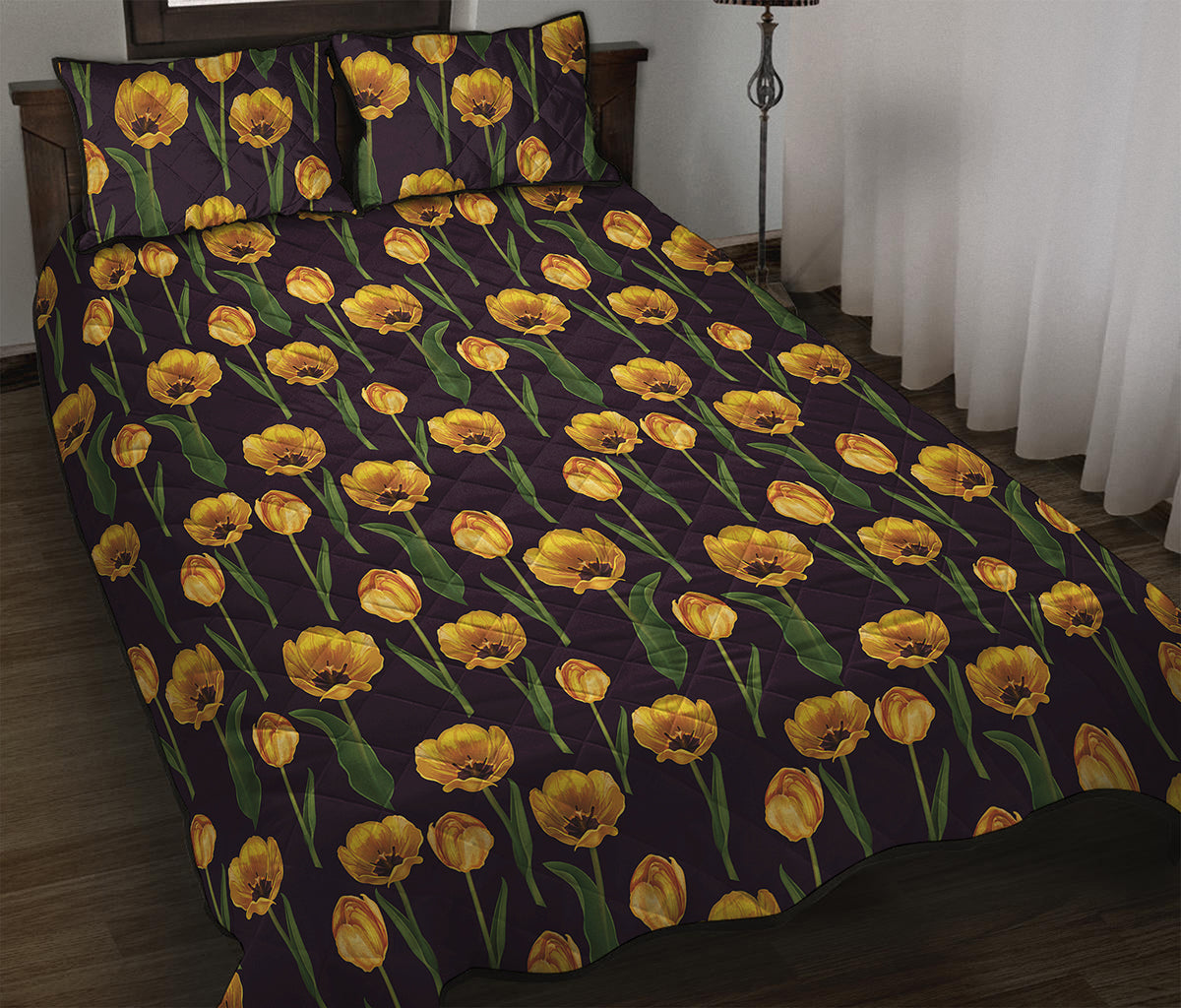 Yellow Tulip Flower Pattern Print Quilt Bed Set