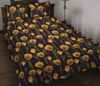 Yellow Tulip Flower Pattern Print Quilt Bed Set