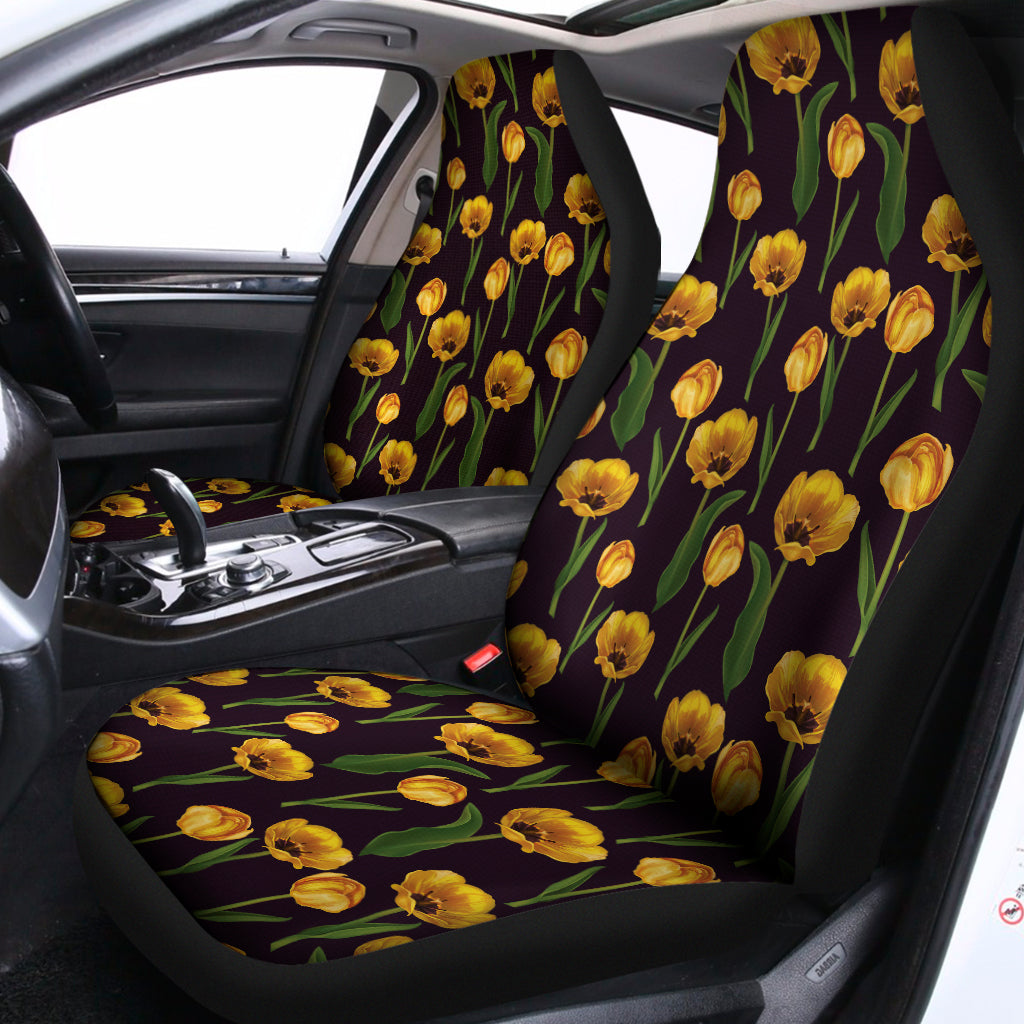 Yellow Tulip Flower Pattern Print Universal Fit Car Seat Covers