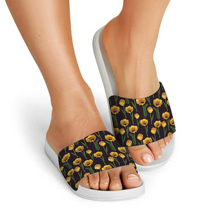 Yellow Tulip Flower Pattern Print White Slide Sandals