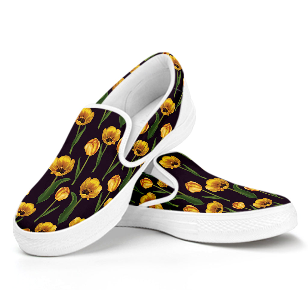 Yellow Tulip Flower Pattern Print White Slip On Shoes