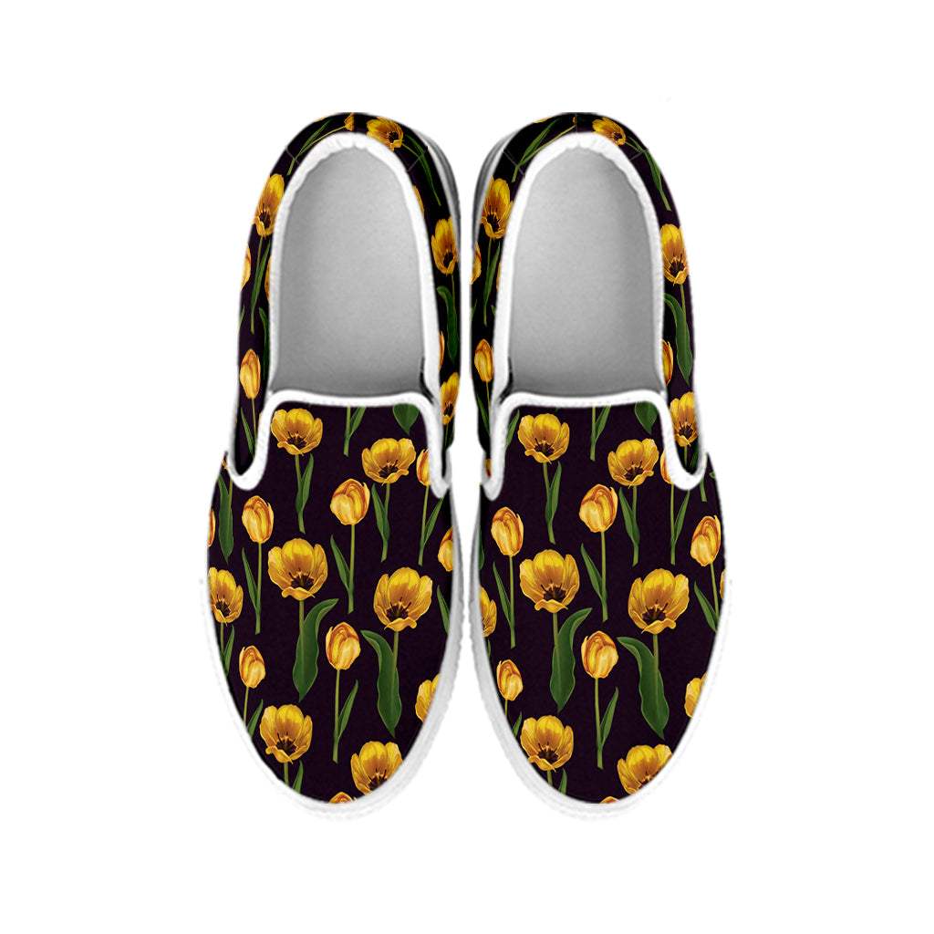 Yellow Tulip Flower Pattern Print White Slip On Shoes