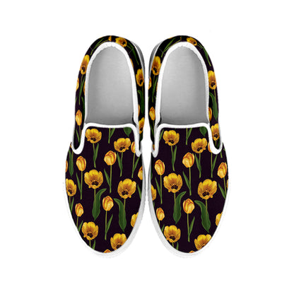 Yellow Tulip Flower Pattern Print White Slip On Shoes