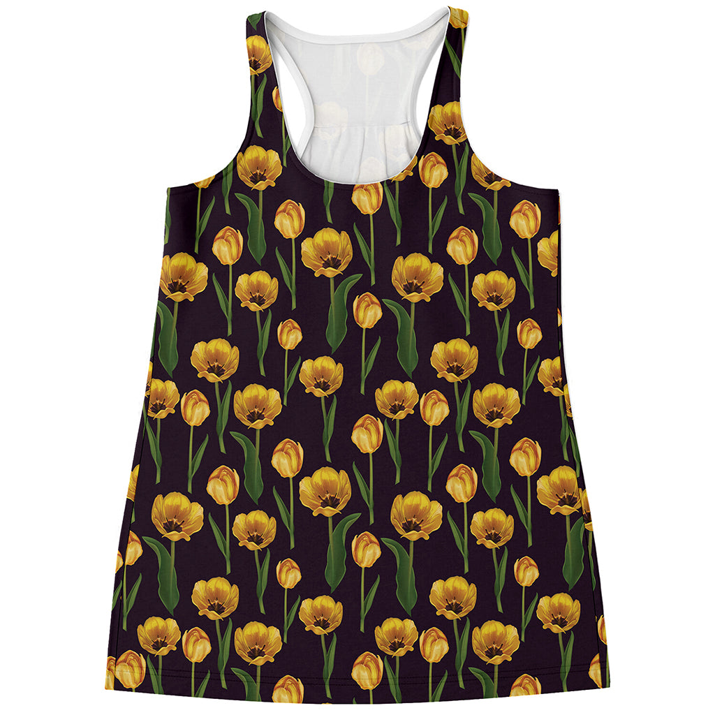 Yellow Tulip Flower Pattern Print Women's Racerback Tank Top