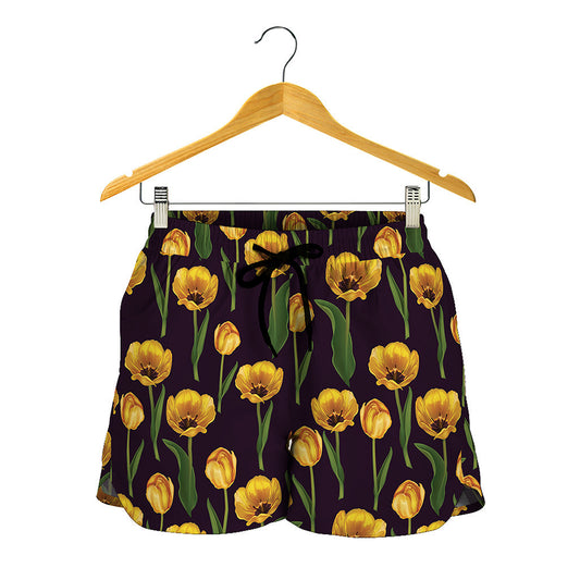 Yellow Tulip Flower Pattern Print Women's Shorts
