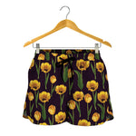 Yellow Tulip Flower Pattern Print Women's Shorts