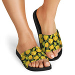 Yellow Tulip Pattern Print Black Slide Sandals