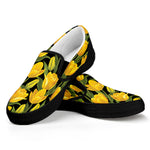 Yellow Tulip Pattern Print Black Slip On Shoes