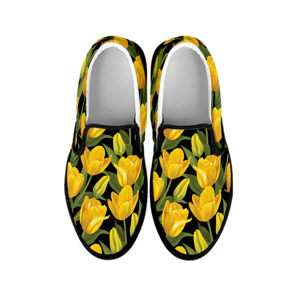 Yellow Tulip Pattern Print Black Slip On Shoes
